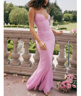 Lizakosht Sexy V Neck Sling Backless Maxi Mermaid Dress Elegant Pink Spaghetti Strap Bodycon Long Dress Mermaid Gown Celebrity Party Dress